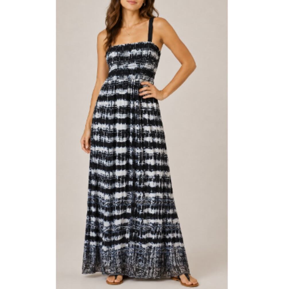 Lucky Brand Blue Boho Shibori Smocked Tie-Dye Strapless Maxi Dress Size Small